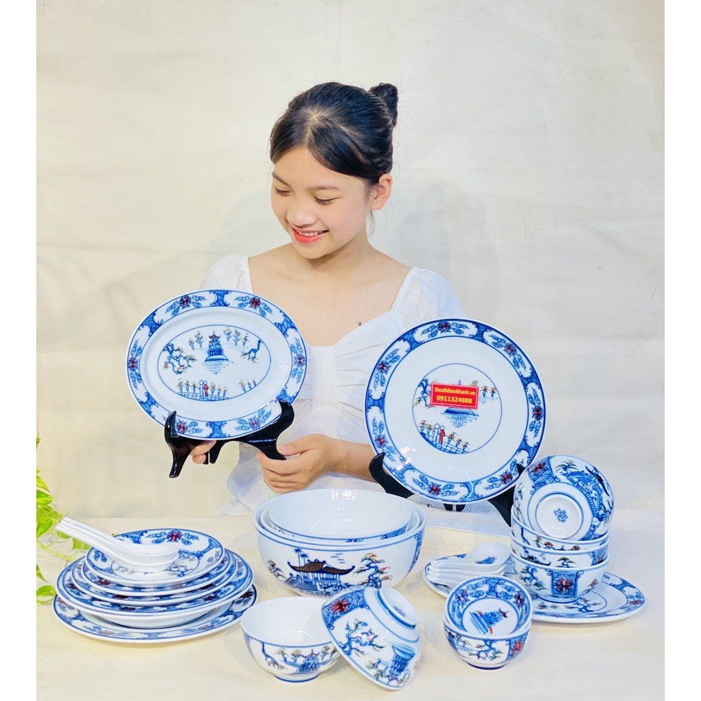  Bộ bát đĩa cảnh men rạn tùng hạc diên cao cấp 