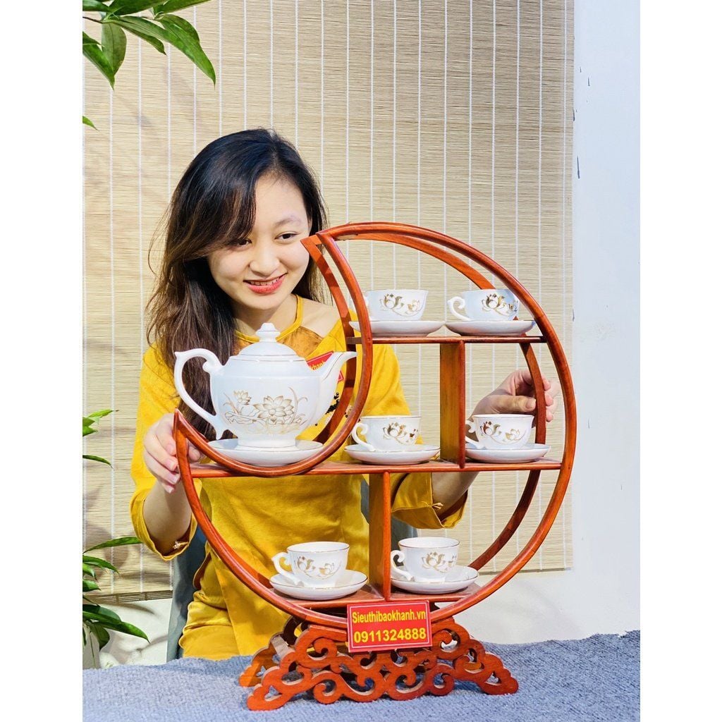  [BÁT TRÀNG CHÍNH HÃNG]-Bộ ấm chén Bát Tràng men trắng vẽ sen 