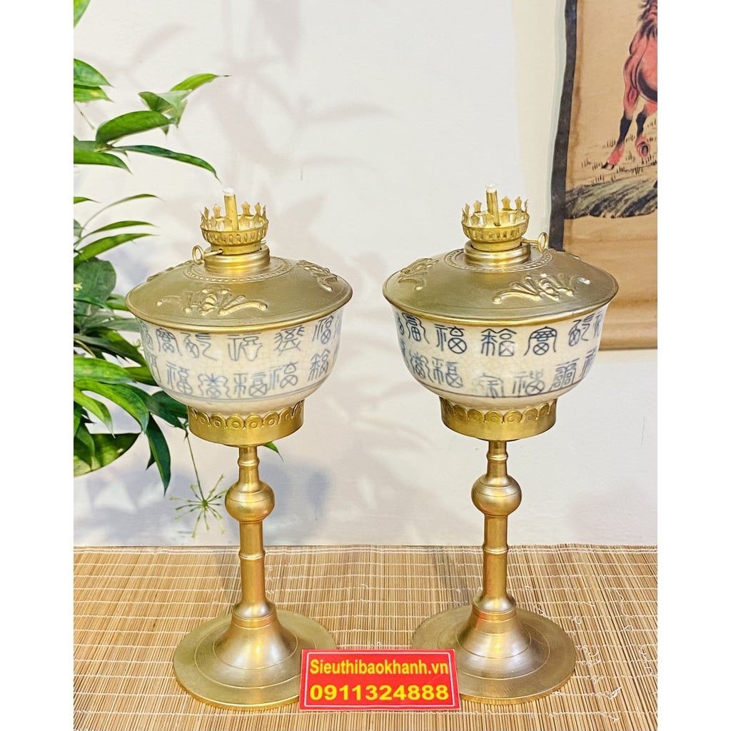  [ĐỒ THỜ CÚNG]-Cặp đèn dầu đồng thân gốm xuất xứ Bát Tràng 25cm 