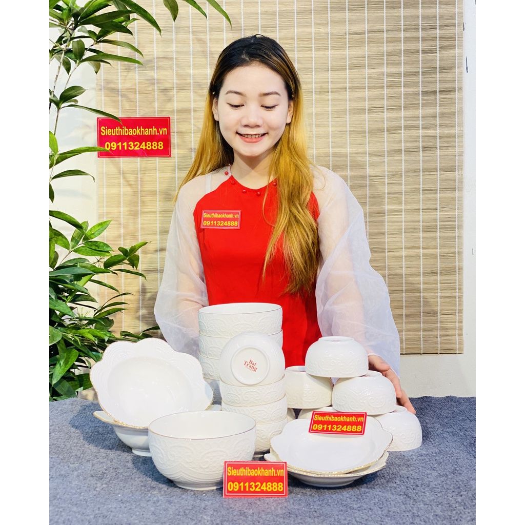  [BÁT TRÀNG VIỆT NAM]-Set bát đĩa cao cấp viền vàng họa tiết trơn-bảo khánh việt nam 