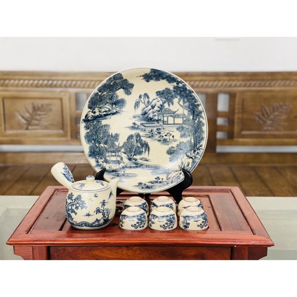  [BÁT TRÀNG CHÍNH HÃNG]-Bộ Ấm Trà Men Rạn Men Lam Vẽ Sơn Thủy-Siêu thị bảo khánh 