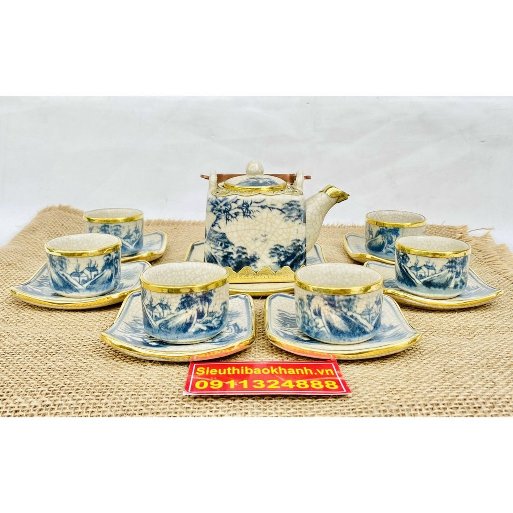  Bộ ấm chén men rạn Bát Tràng dáng vuông họa tiết sơn thủy 350ml 