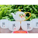  Bộ ấm chén,ấm trà đá ngọc họa tiết hoa đào in nổi 400ml 