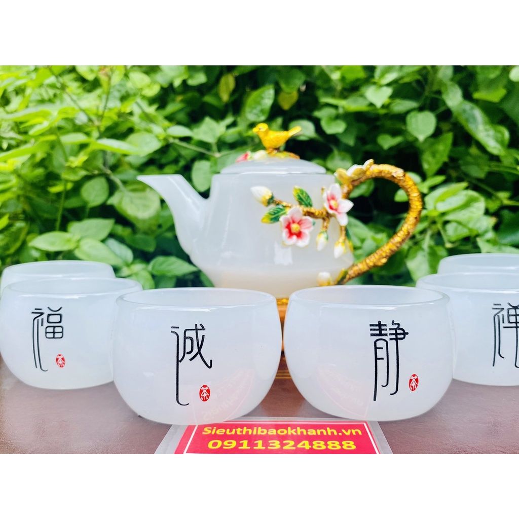  Bộ ấm chén,ấm trà đá ngọc họa tiết hoa đào in nổi 400ml 