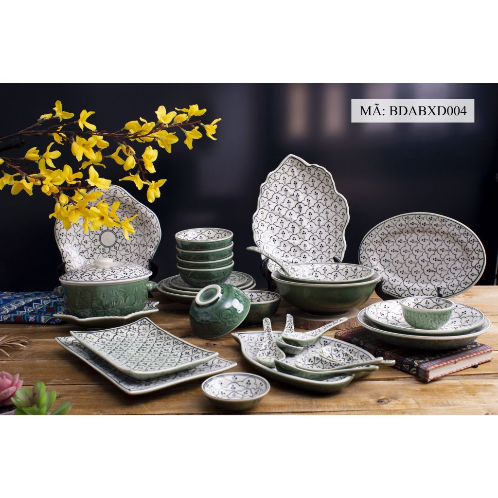  Bộ Bát Đĩa Bát Tràng Họa Tiết Hoa Văn Bèo Xanh Đen Cao Cấp 