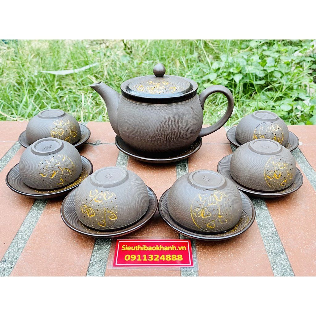  Bộ ấm chén gốm sứ Bát Tràng cao cấp hạo tiết in chìm 