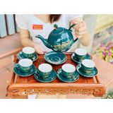  Bộ ấm chén men xanh họa tiết hoa sen vẽ vàng-Ấm chén Bảo Khánh 