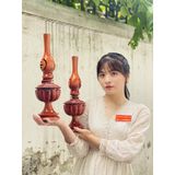  Cặp đèn thờ gỗ Hương sơn PU cao cấp 32cm 