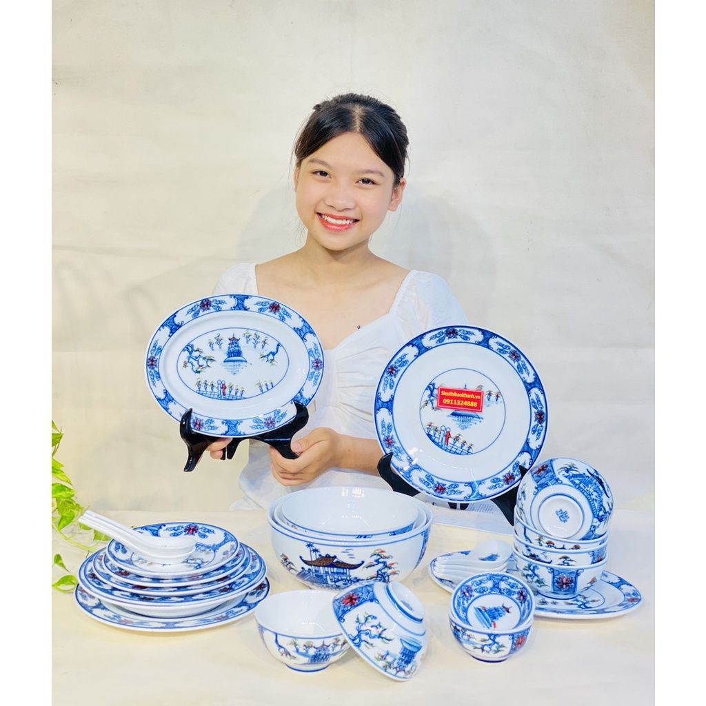  Bộ bát đĩa cảnh men rạn tùng hạc diên cao cấp 