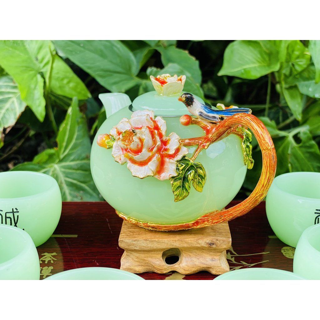  Bộ ấm chén đá xanh ngọc họa tiết in nổi 350m-Bảo Khánh 