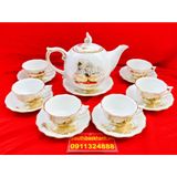  [BÁT TRÀNG CHÍNH HÃNG]-Bộ ấm chén men trắng vẽ vàng chóp lửa họa tiết sen 