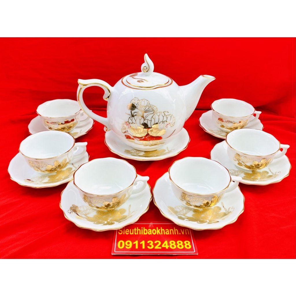  [BÁT TRÀNG CHÍNH HÃNG]-Bộ ấm chén men trắng vẽ vàng chóp lửa họa tiết sen 