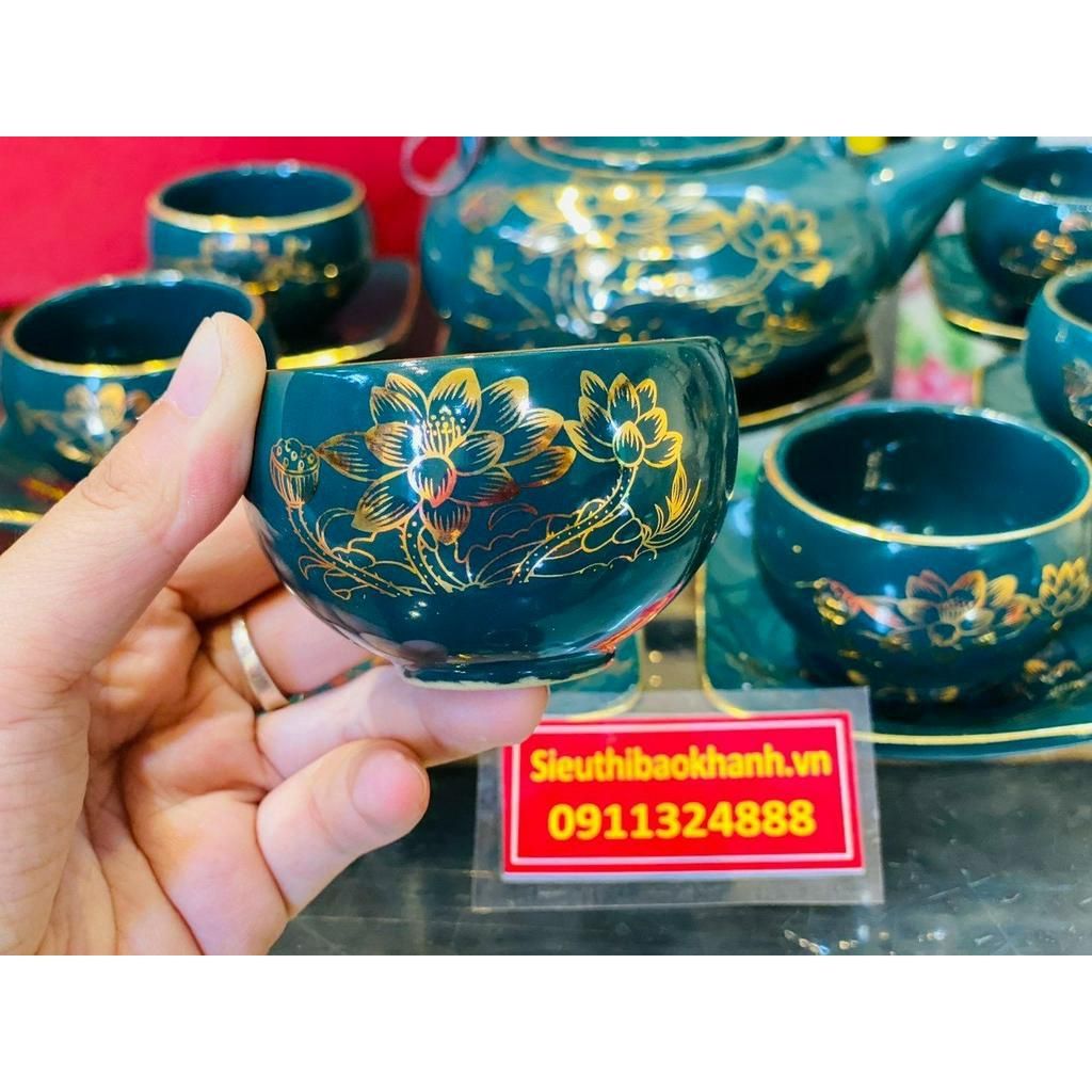  Bộ ấm men xanh vẽ vàng quà tặng xuất xứ Bát Tràng 