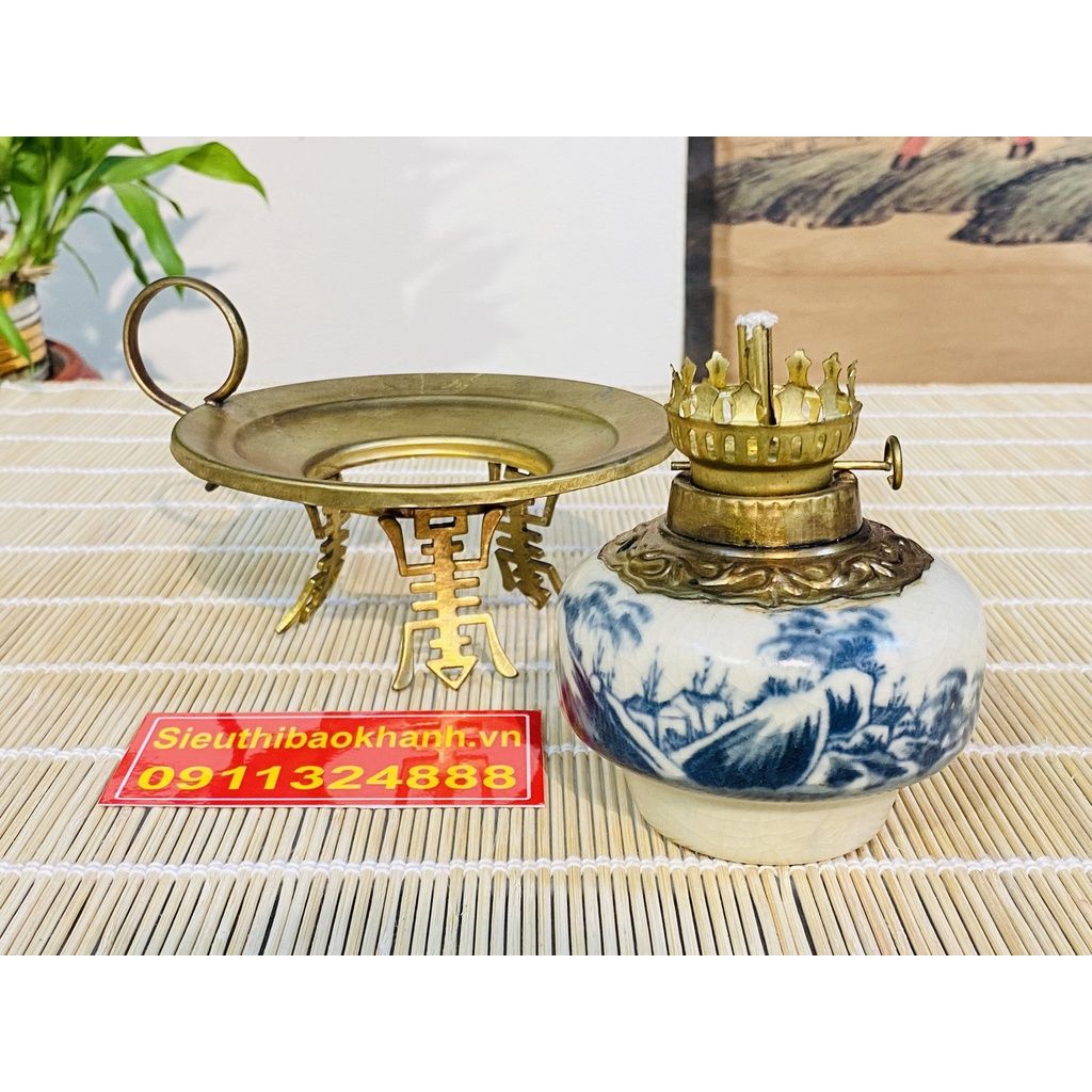  Đèn dầu đồng thân gốm men lam cao cấp (loại 20cm) 