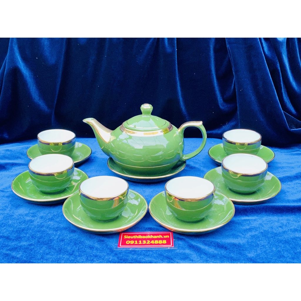  Bộ ấm chén men ngọc màu xanh viền vàng 