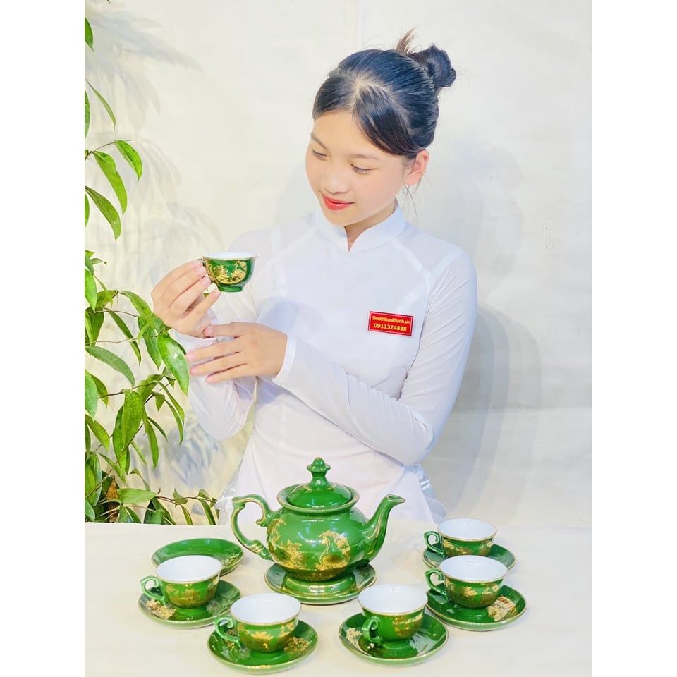  Bộ ấm chén xanh họa tiết công đào phú quý 