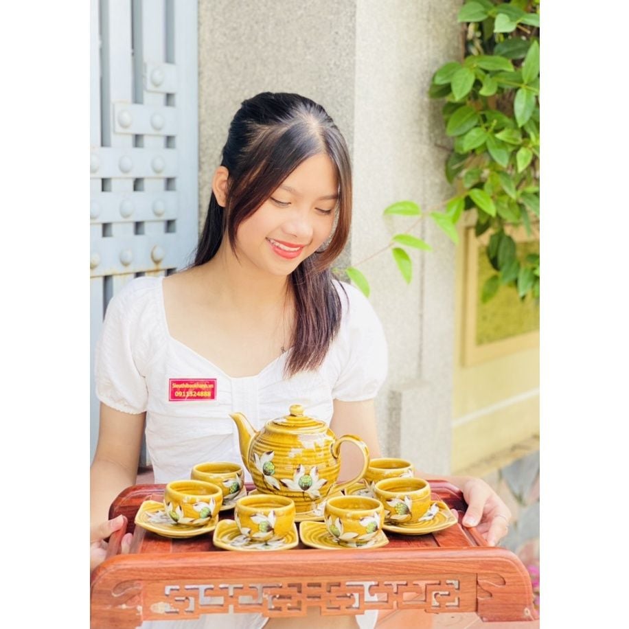  Bộ ấm chén Bát Tràng men họa tiết sen -Ấm chén Bảo Khánh 