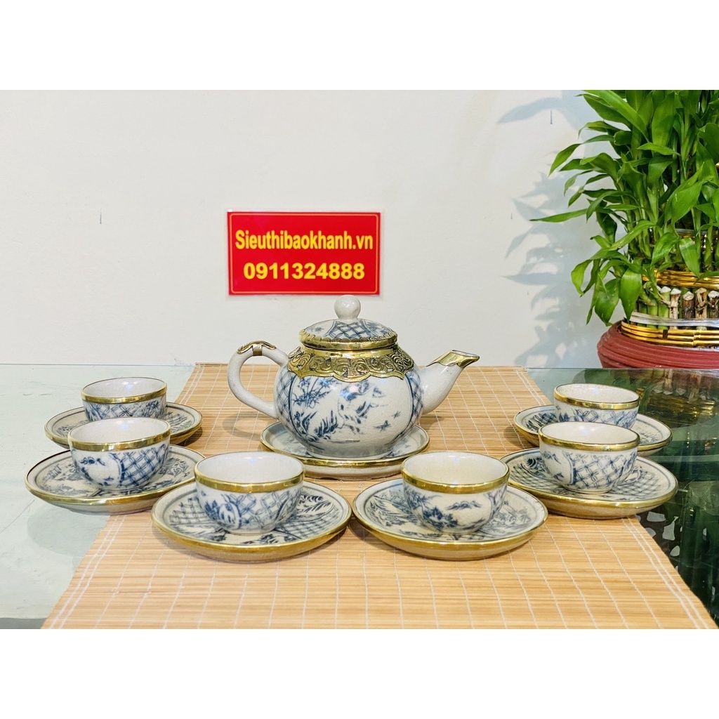  Bộ ấm chén men cổ quai mây bọc đồng xuất xứ Bát Tràng 