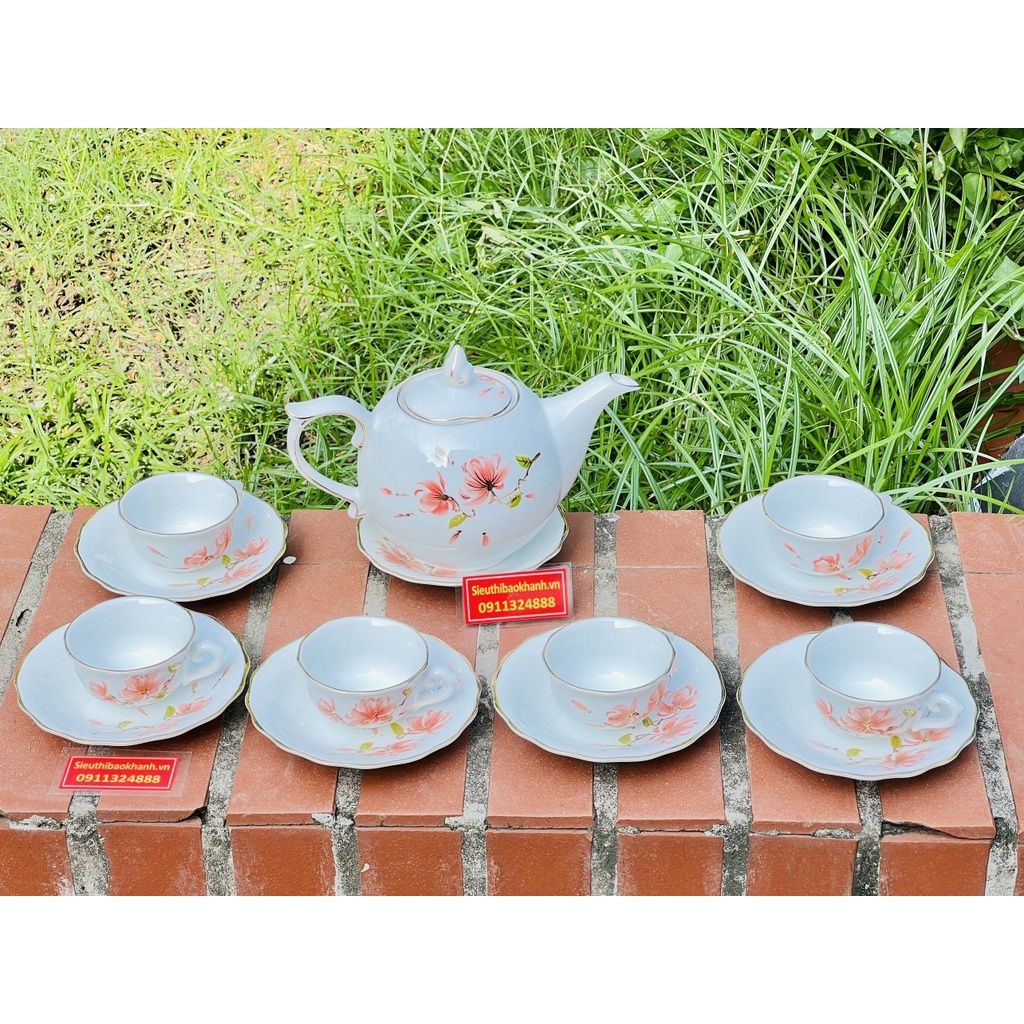  Bộ ấm chén Bát Tràng men trắng hoa tiết hoa 