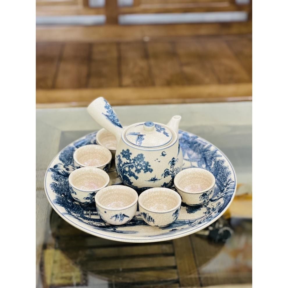  [BÁT TRÀNG CHÍNH HÃNG]-Bộ Ấm Trà Men Rạn Men Lam Vẽ Sơn Thủy-Siêu thị bảo khánh 