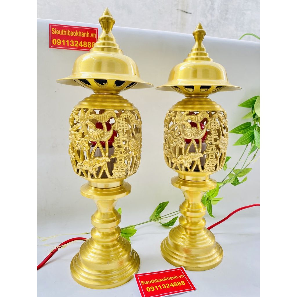  Cặp đèn thờ đồng trạm trổ Long Phụng cao cấp-Bảo Khánh Việt Nam 40cm 
