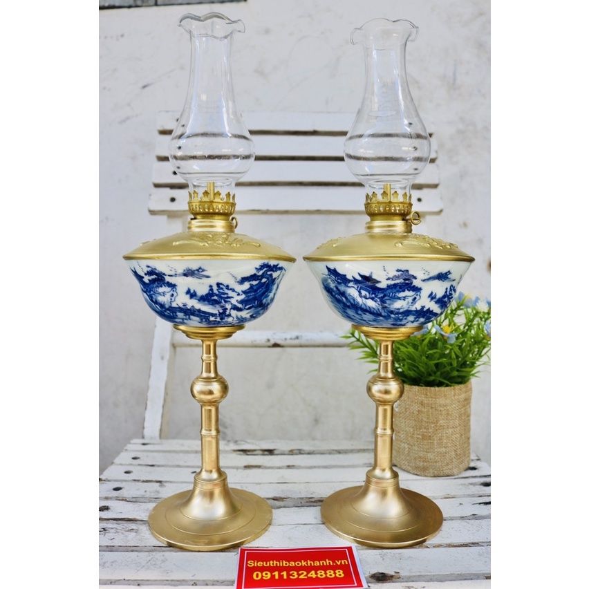  cặp đèn đầu đồng thân gốm xuất xứ Bát Tràng 25cm 