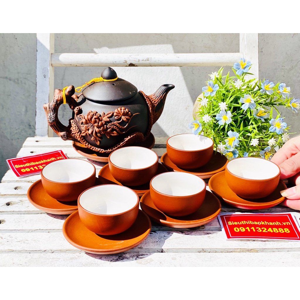  Bộ Ấm Chén Tử Sa hoạ tiết Hoa Cúc đắp nổi BKCEVN-8000 