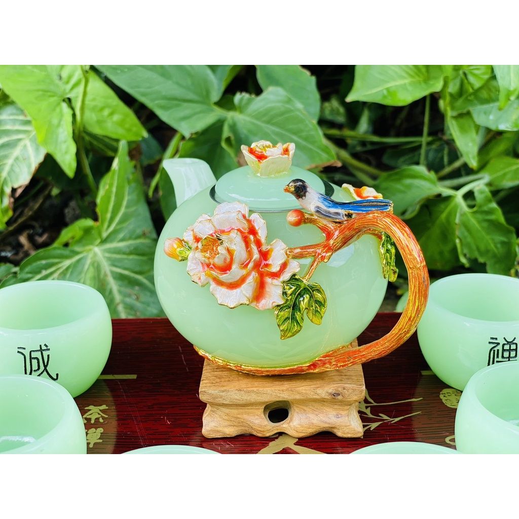  Bộ ấm chén đá xanh ngọc họa tiết in nổi 350m-Bảo Khánh 