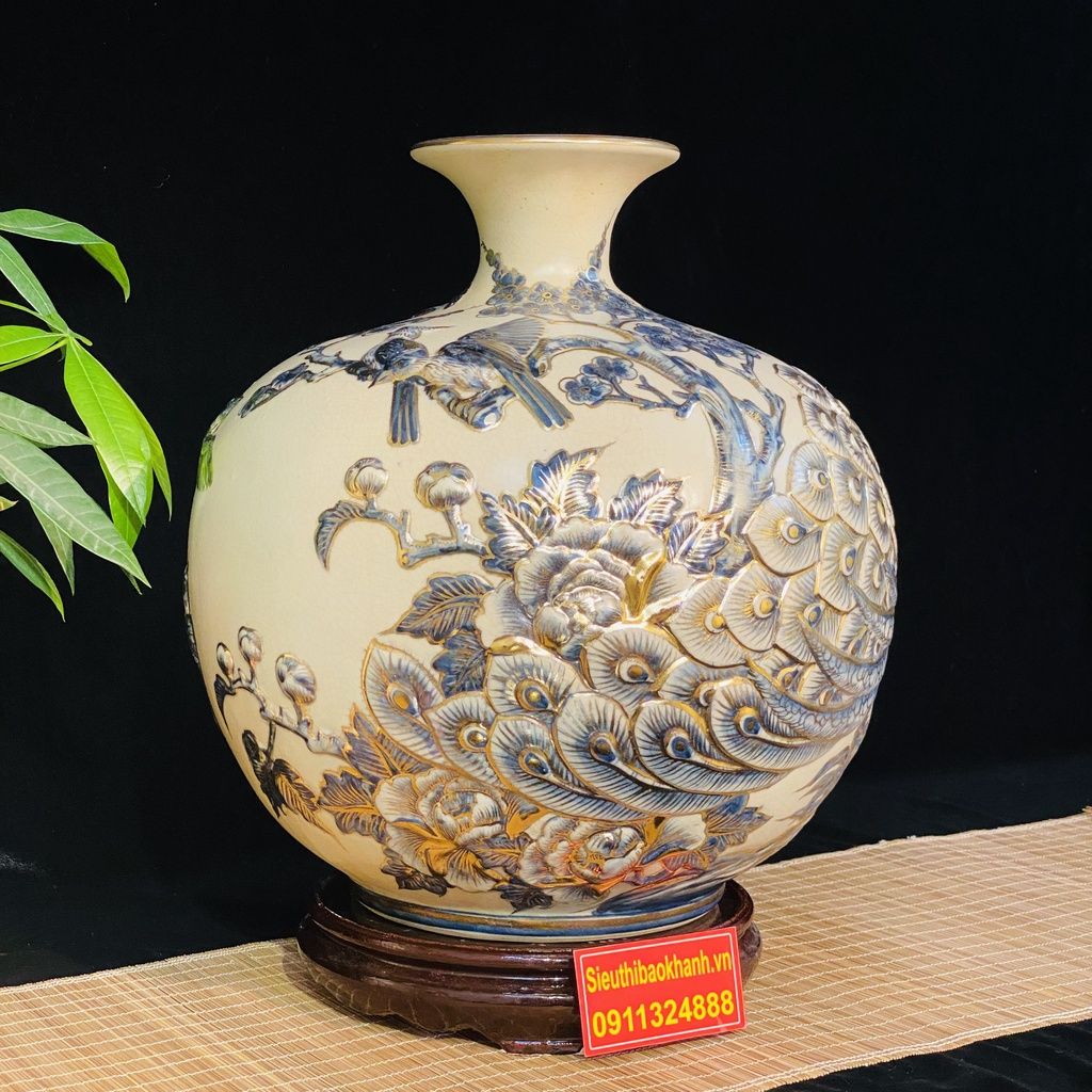  [HÀNG NGHỆ NHÂN]-Bình Hút Lộc men rạn công đào 35cm-mỹ nghệ bảo khánh 