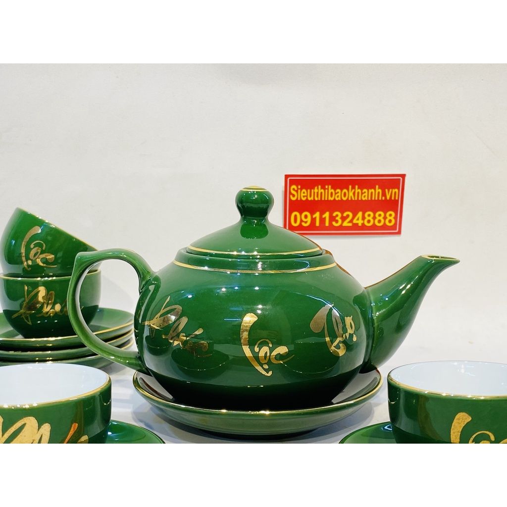  Bộ Ấm Chén, ấm trà men Xanh viền vàng gốm sứ Bát Tràng cao cấp chính hãng 350ml 