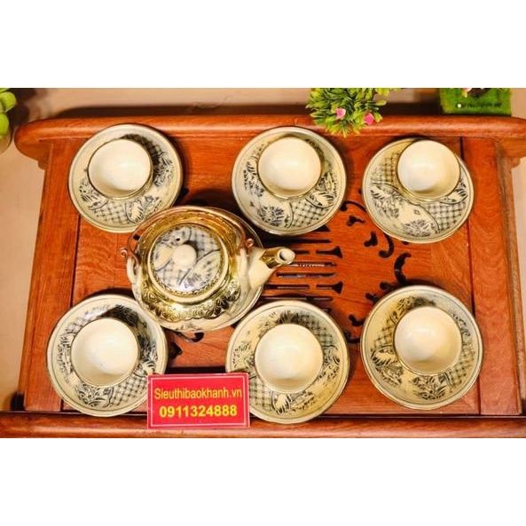  Bộ ấm chén men cổ quai mây bọc đồng xuất xứ Bát Tràng-Siêu Thị Bảo Khánh 