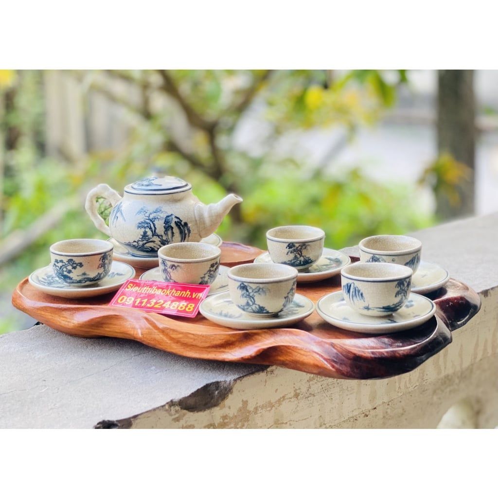  Bộ ấm chén men rạn vẽ Sơn Thủy Bát Tràng cao cấp 350ml 