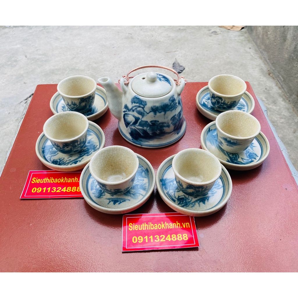  Bộ ấm chén men rạn Bát Tràng, họa tiết sơn thủy BKCE-001170VN-0004 