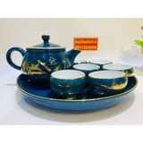  Bộ ấm chén Bát Tràng men xanh vẽ vàng phong cảnh BKCEVN-8107 