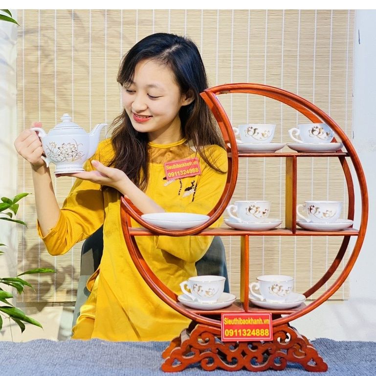  [BÁT TRÀNG CHÍNH HÃNG]-Bộ ấm chén Bát Tràng men trắng vẽ sen 