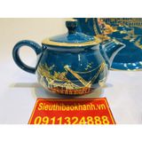  Bộ ấm chén Bát Tràng men xanh vẽ vàng phong cảnh BKCEVN-8107 