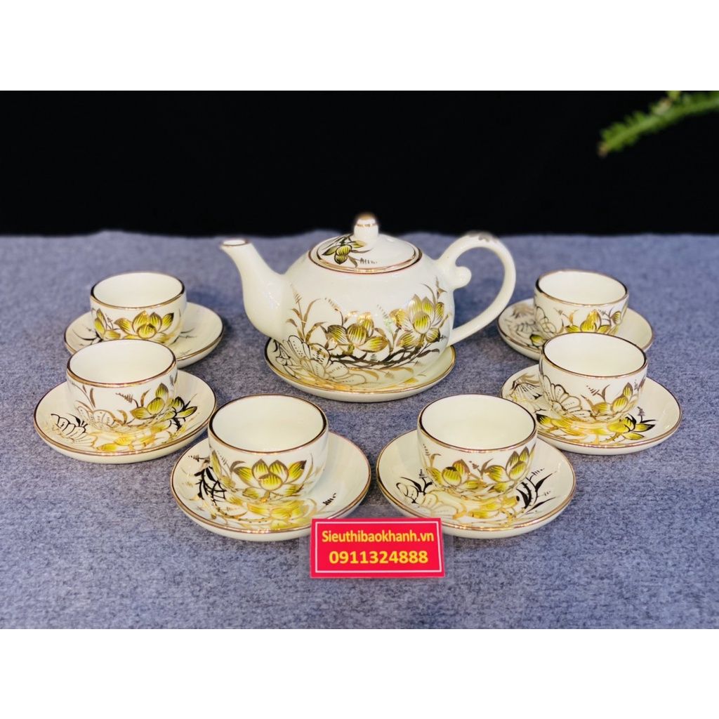  Bộ ấm chén cao cấp họa tiết hoa sen vàng 