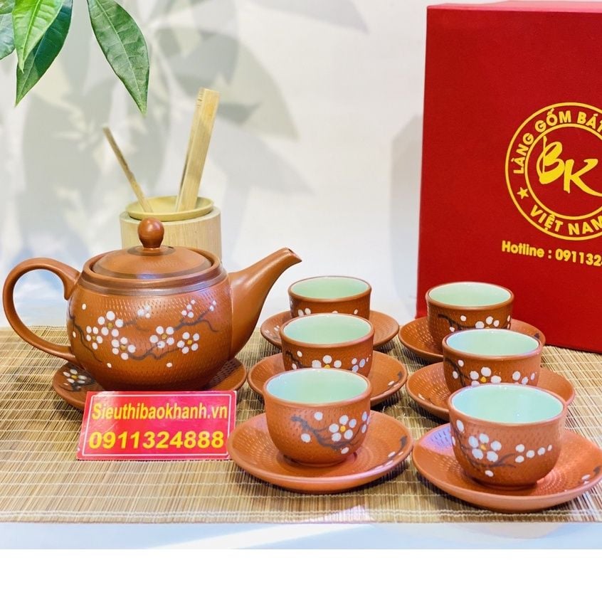  Bộ Ấm Chén Tử Sa Hoa Mai Bát Tràng 300ml-Mỹ Nghệ Bảo Khánh 