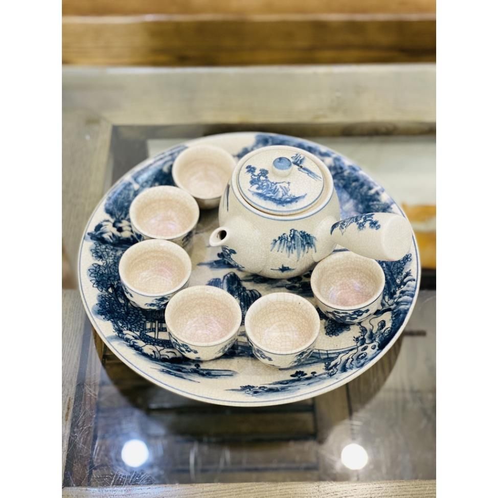  [BÁT TRÀNG CHÍNH HÃNG]-Bộ Ấm Trà Men Rạn Men Lam Vẽ Sơn Thủy-Siêu thị bảo khánh 