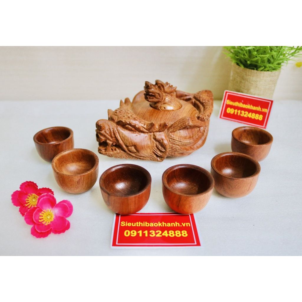  THỦ CÔNG MỸ NGHỆ TẠI XƯỞNG-BỘ ẤM CHÉN GỖ HƯƠNG ĐỤC NGUYÊN KHỐI-BÁT TRÀNG BẢO KHÁNH 