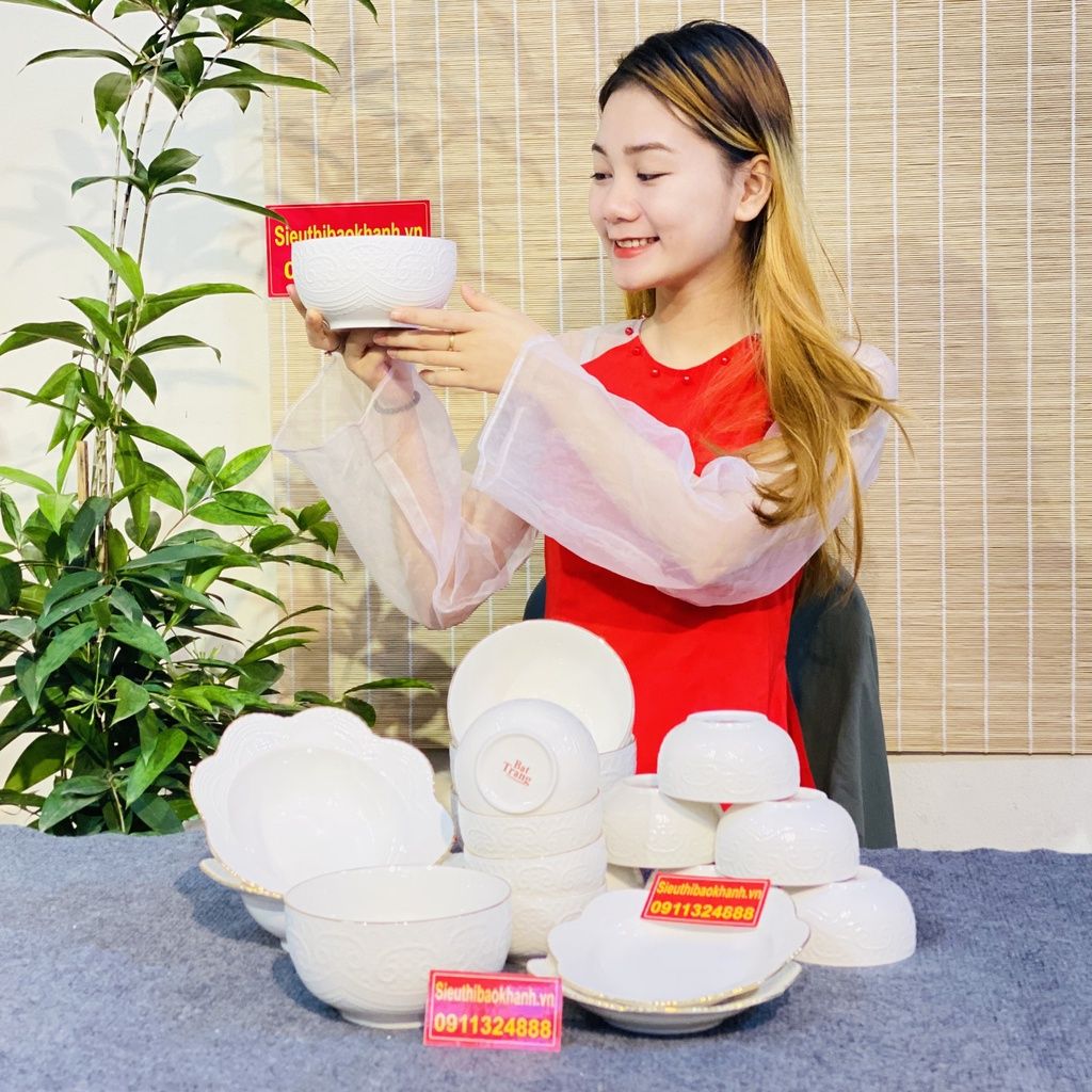  [BÁT TRÀNG VIỆT NAM] - Set Bát Đĩa Cao Cấp Viền Vàng Họa Tiết Trơn 