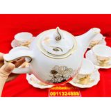  [BÁT TRÀNG CHÍNH HÃNG]-Bộ ấm chén men trắng vẽ vàng chóp lửa họa tiết sen 