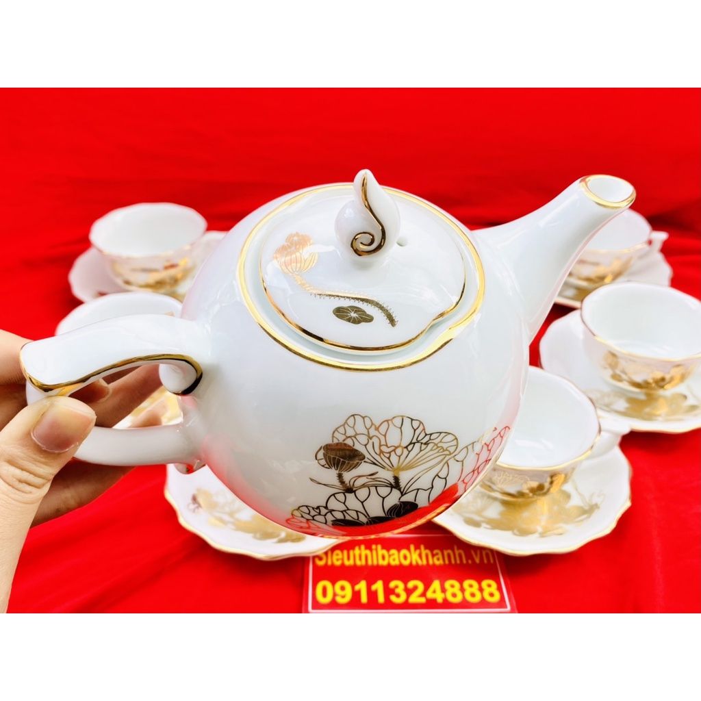  [BÁT TRÀNG CHÍNH HÃNG]-Bộ ấm chén men trắng vẽ vàng chóp lửa họa tiết sen 