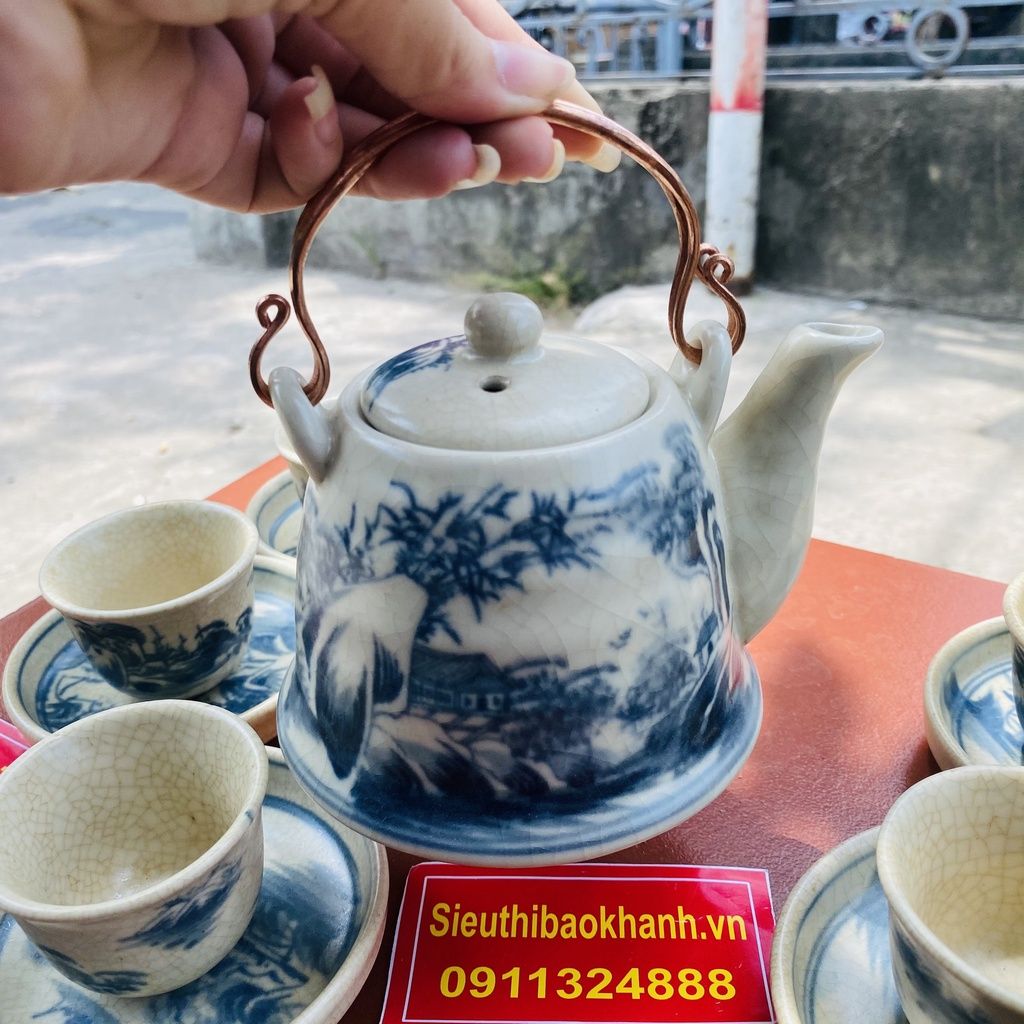  Bộ ấm chén men rạn Bát Tràng, họa tiết sơn thủy BKCE-001170VN-0004 