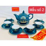  Bộ ấm chén men xanh chóp lửa họa tiết thuận buồm xuôi gió vẽ vàng 