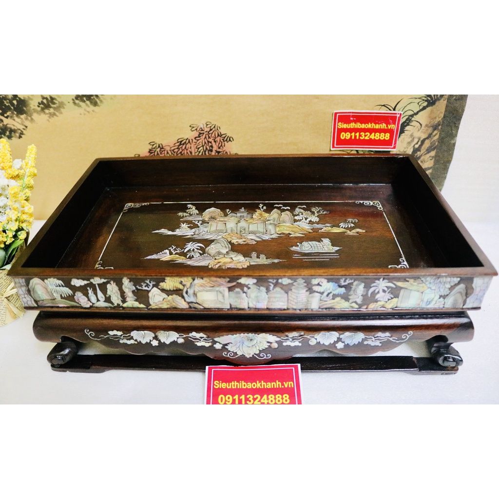  [NGHỆ THUẬT TRÀ ĐẠO]-Khay Trà Gụ Chân Quỳ Khảm Trai 34cm-Mỹ Nghệ Bảo Khánh 