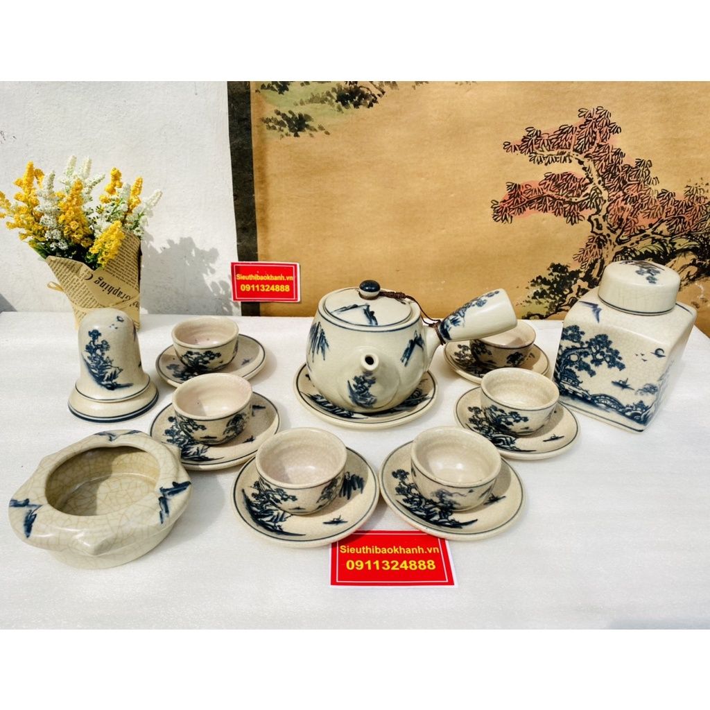  Bộ Ấm Trà Men Rạn Men Lam Vẽ Sơn Thủy Kèm Phụ kiện BKCEVN-8001 