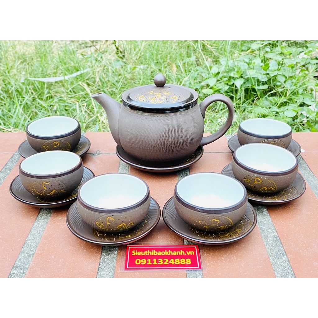  Bộ ấm chén gốm sứ Bát Tràng cao cấp hạo tiết in chìm 