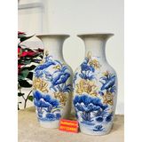  Cặp Bình Hoa Men Lam Chính Hãng Bát Tràng Họa Tiết Hoa Sen Men Rạn 38cm 