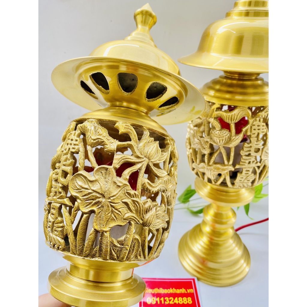  Cặp đèn thờ đồng trạm trổ Long Phụng cao cấp-Bảo Khánh Việt Nam 40cm 
